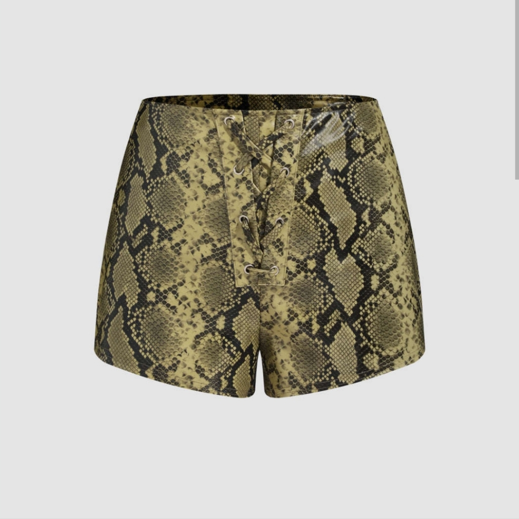 Cider Low Rise Faux Leather Snake Print Shorts - Black And Green